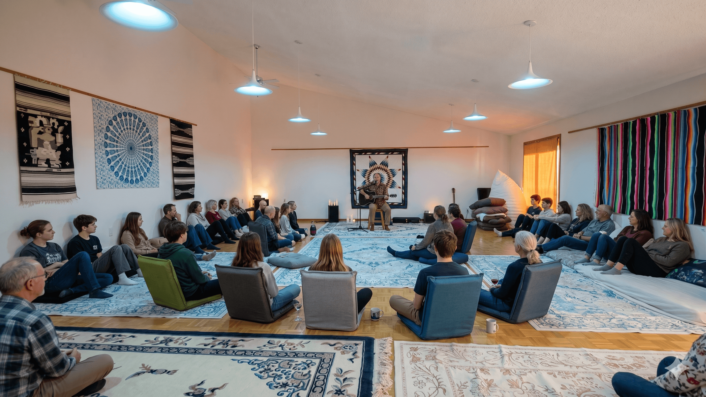 An intimate audience seated on cushions and chairs watching a solo guitarist perform under the vaulted ceiling