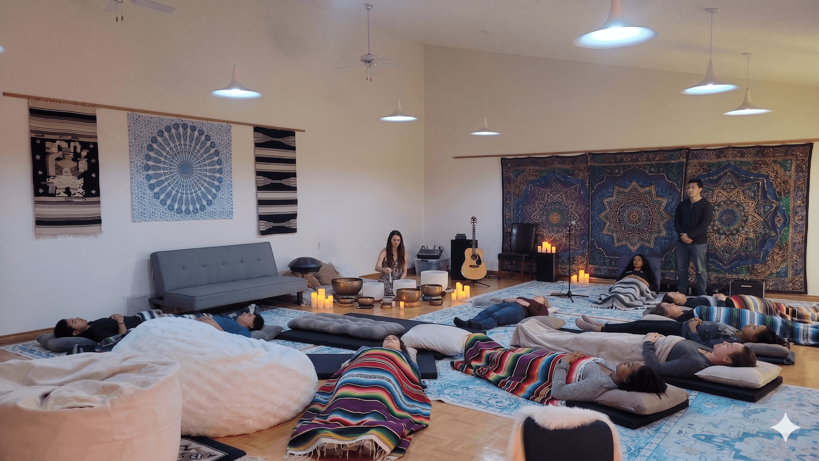 Guests resting on mats and cushions during a candlelit evening in the great room